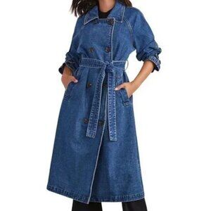 Blue Denim Long Cut Buttoned Tie Belt Trench Coat Jacket